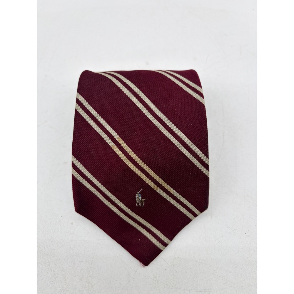 Polo Ralph Lauren Silk Tie Burgundy Red Cream Repp Stripe Pony Logo Handmade USA